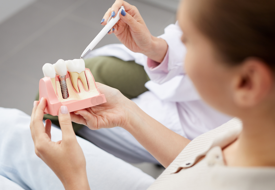 Dentist showing patient dental implant model